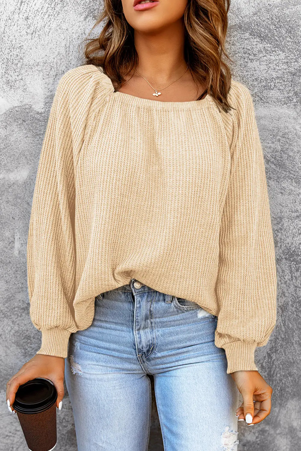Green scoop neck puff sleeve waffle knit top - apricot / s / 95% polyester + 5% elastane - long tops