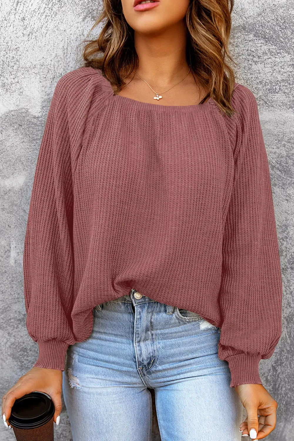 Green scoop neck puff sleeve waffle knit top - pink / s / 95% polyester + 5% elastane - long tops