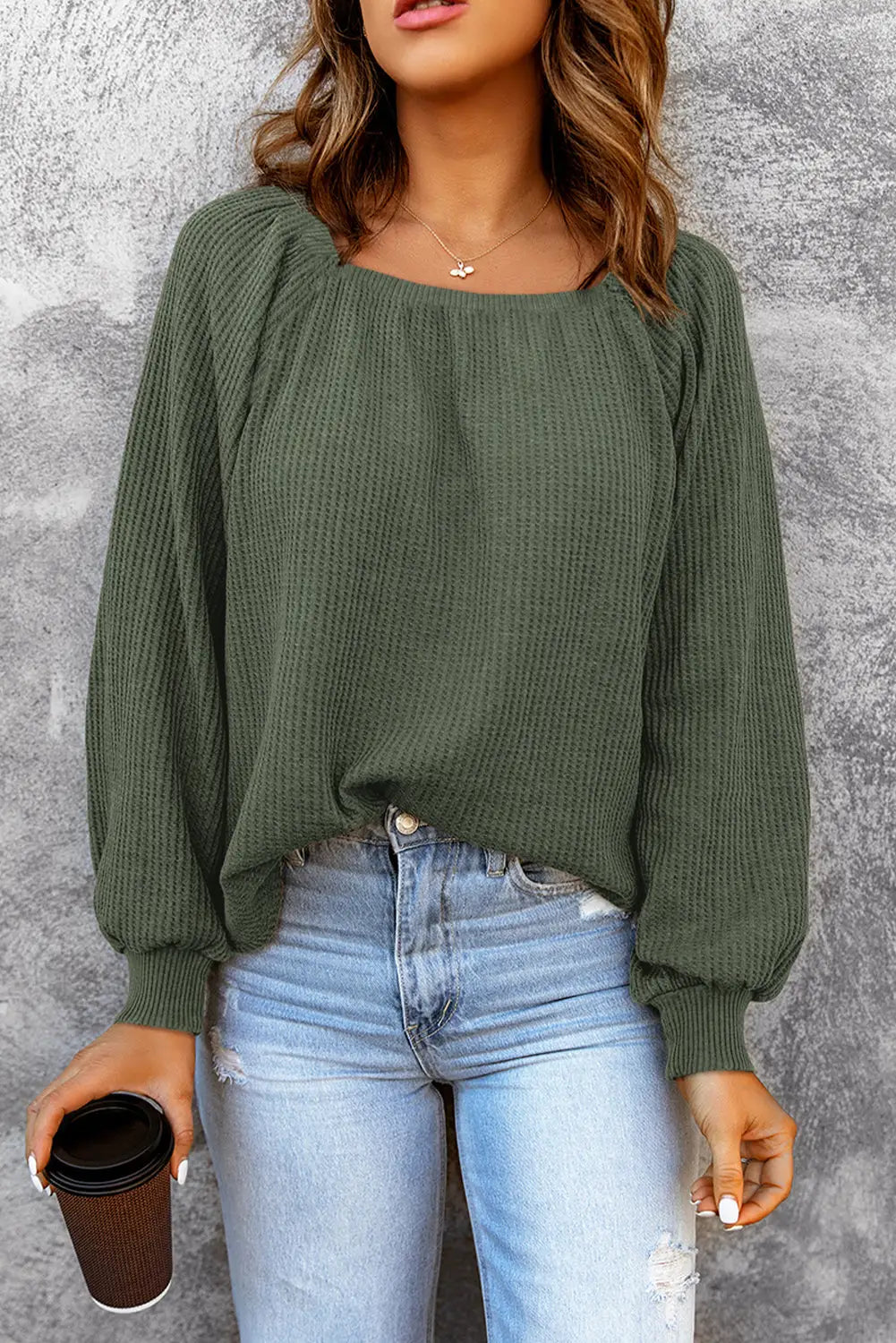 Green scoop neck puff sleeve waffle knit top - s / 95% polyester + 5% elastane - long tops