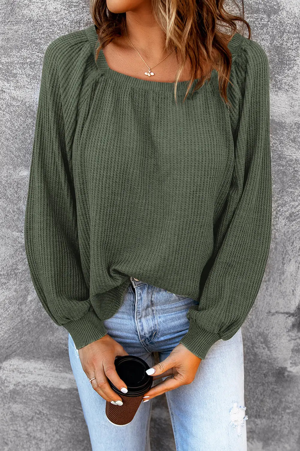 Green scoop neck puff sleeve waffle knit top - long tops