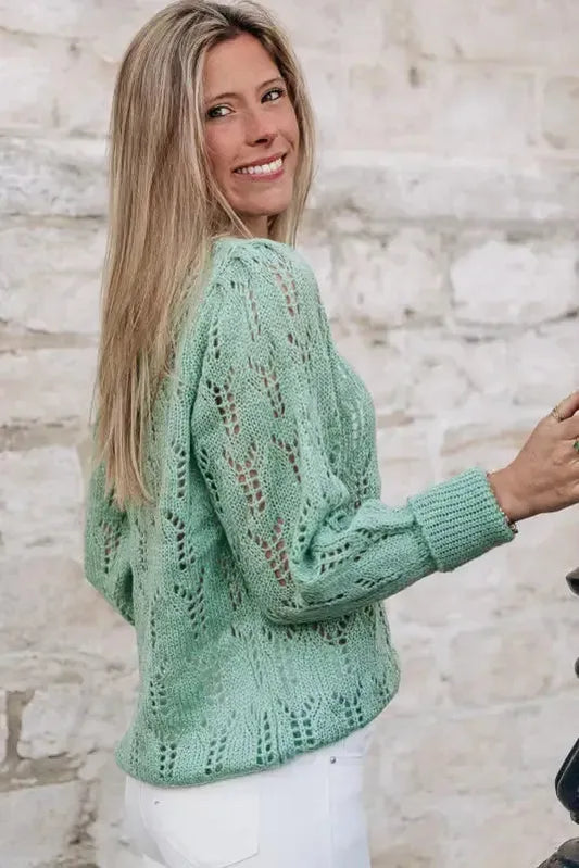 Green Sheer Knitted Pointelle Sweater - Fashionfitz