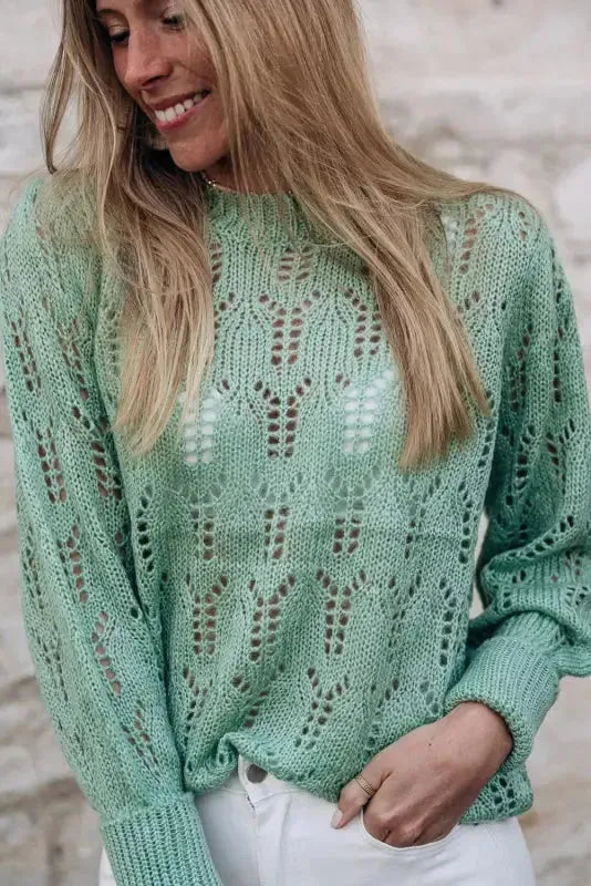 Green Sheer Knitted Pointelle Sweater - Fashionfitz
