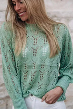 Green Sheer Knitted Pointelle Sweater - Fashionfitz