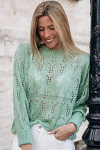 Green Sheer Knitted Pointelle Sweater - Fashionfitz