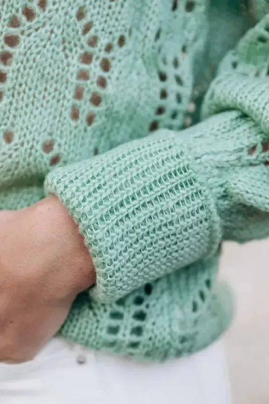 Green Sheer Knitted Pointelle Sweater - Fashionfitz