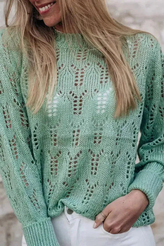 Green Sheer Knitted Pointelle Sweater - Fashionfitz
