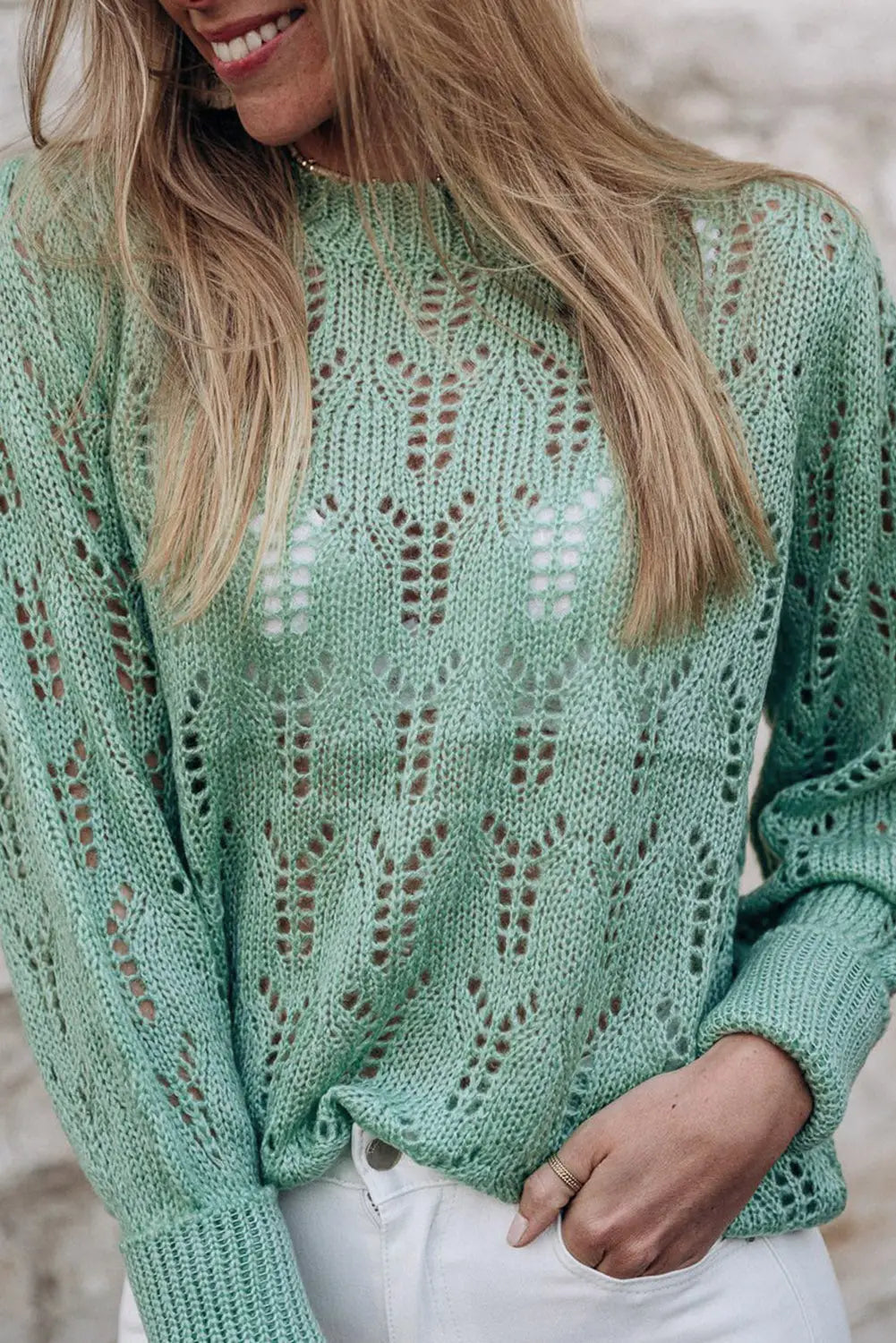Green sheer knitted pointelle sweater - s / 100% acrylic - sweaters & cardigans