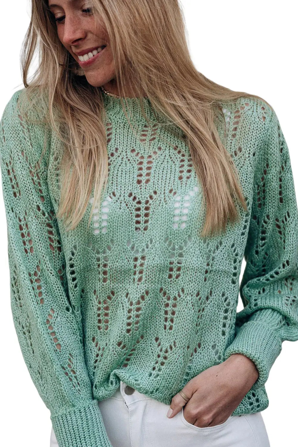 Green sheer knitted pointelle sweater - sweaters & cardigans