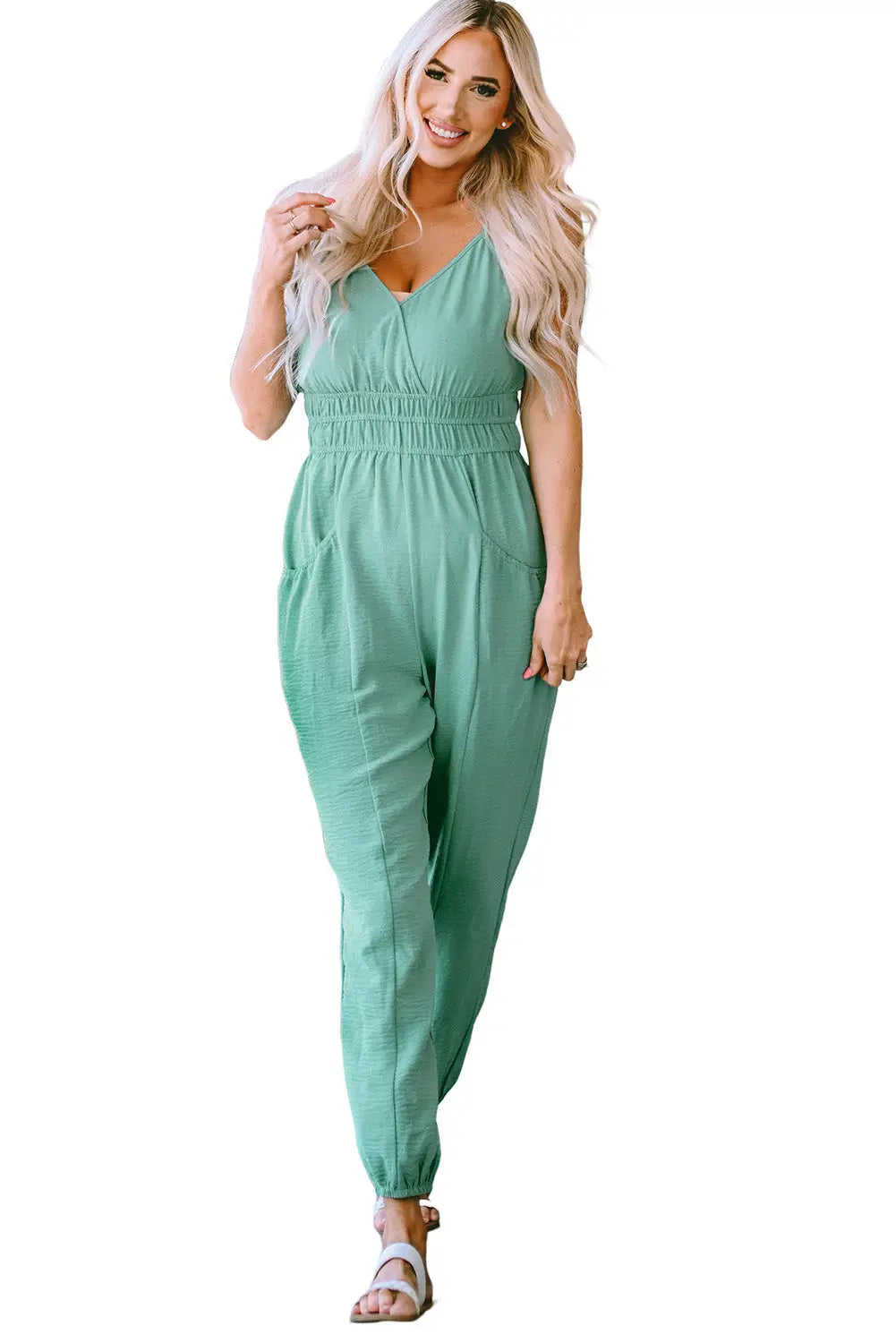 Green shirred high waist sleeveless v neck jumpsuit - jumpsuits & rompers