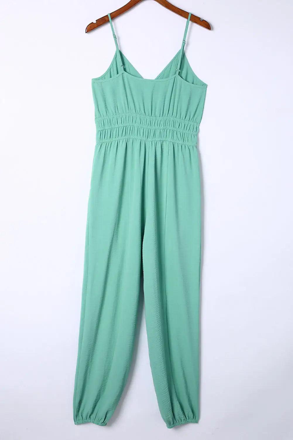 Green shirred high waist sleeveless v neck jumpsuit - jumpsuits & rompers