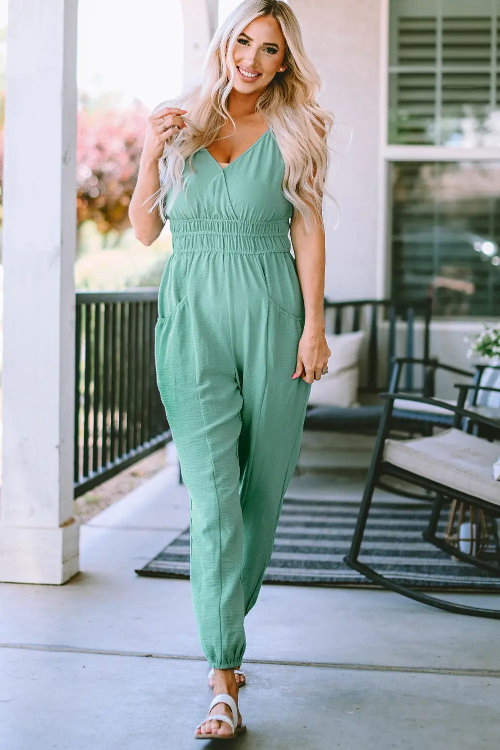Green shirred high waist sleeveless v neck jumpsuit - s / 100% polyester - jumpsuits & rompers