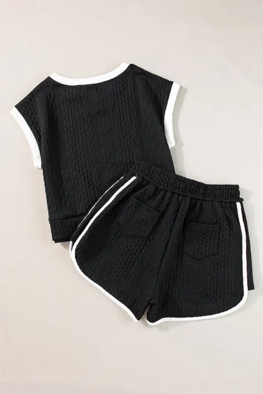 Green shorts set - contrast trim cable textured - two piece sets/short sets