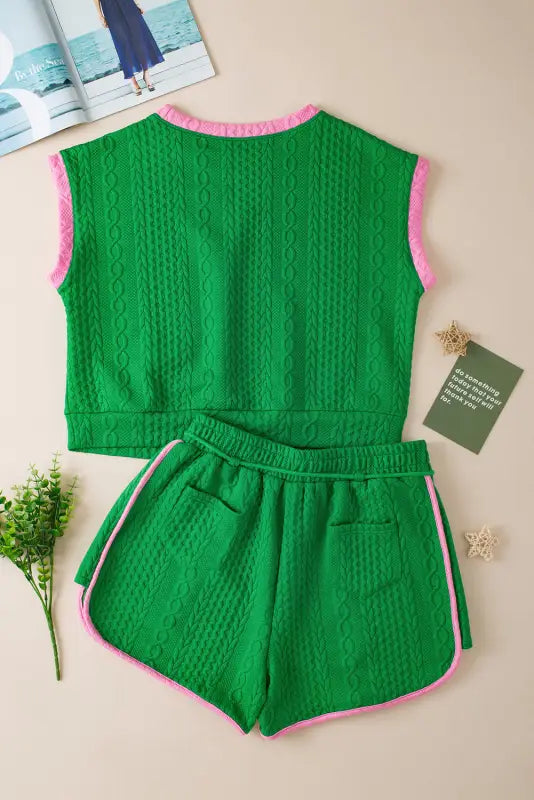 Green shorts set - contrast trim cable textured - two piece sets/short sets