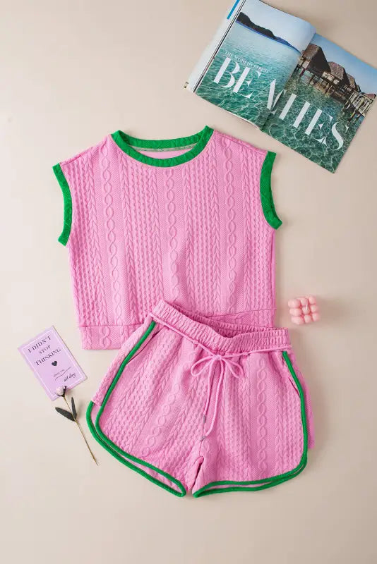 Green shorts set - contrast trim cable textured - two piece sets/short sets