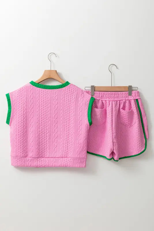 Green shorts set - contrast trim cable textured - two piece sets/short sets