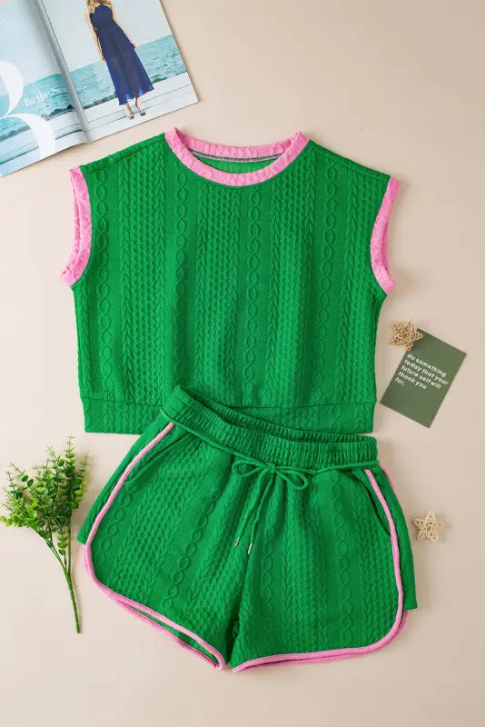 Green shorts set - contrast trim cable textured - s / 95% polyester + 5% elastane - two piece sets/short sets