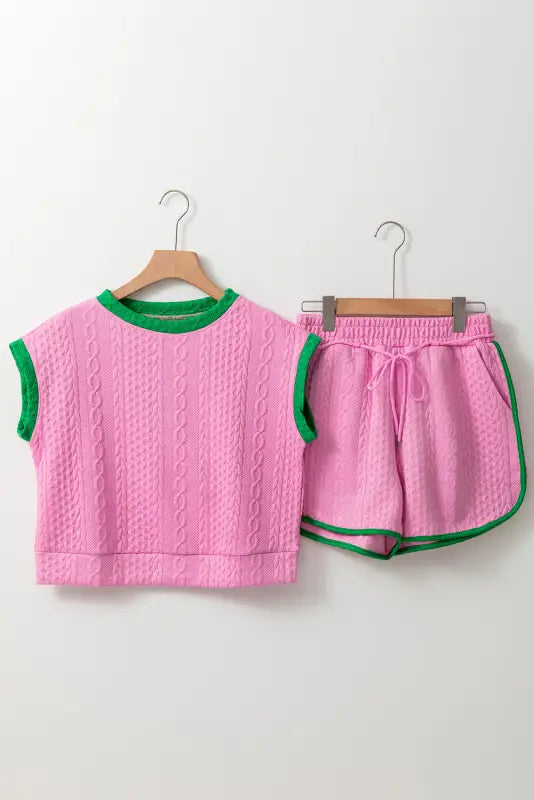 Green shorts set - contrast trim cable textured - pink / s / 95% polyester + 5% elastane - two piece sets/short sets