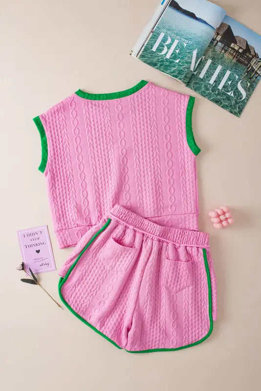 Green shorts set - contrast trim cable textured - two piece sets/short sets