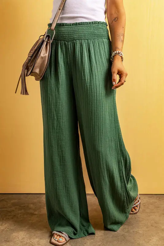 Green smocked waist crinkled wide leg pants - sweaters & cardigans