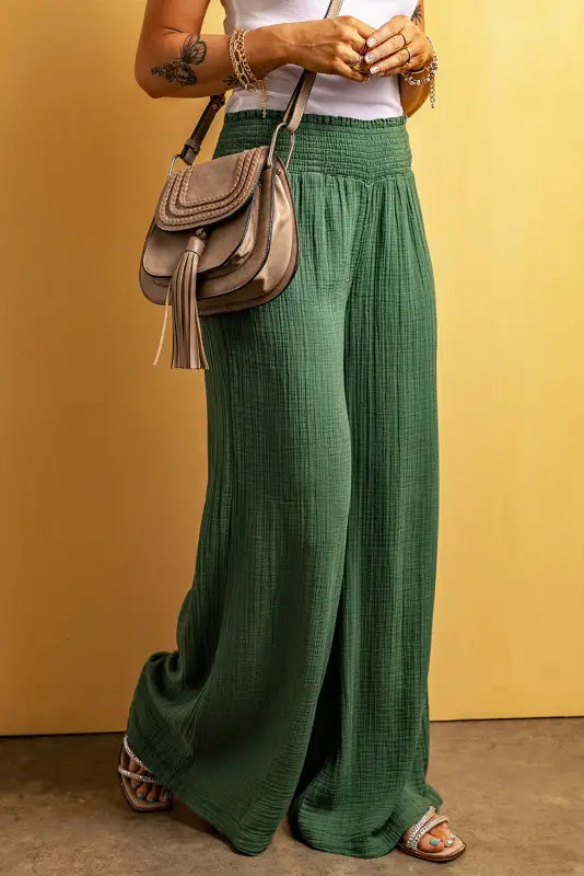 Green smocked waist crinkled wide leg pants - sweaters & cardigans