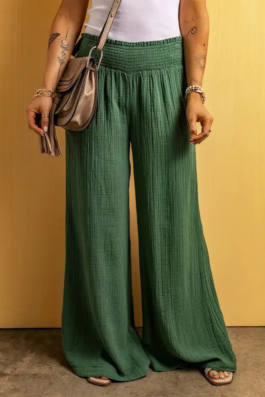 Green smocked waist crinkled wide leg pants - sweaters & cardigans