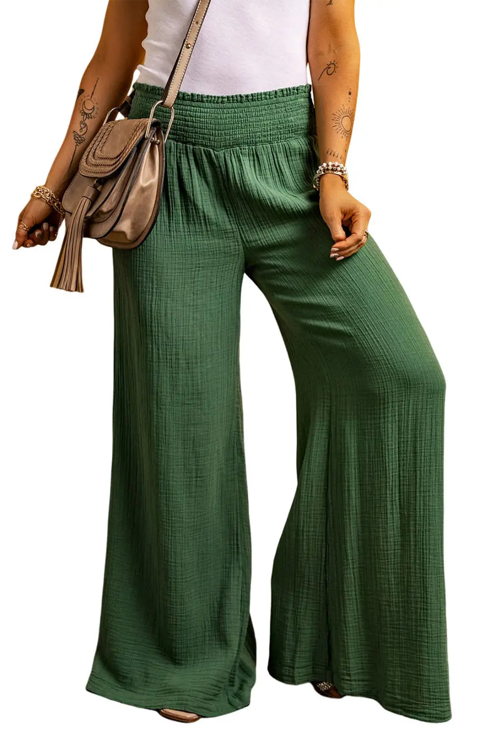 Green smocked waist crinkled wide leg pants - sweaters & cardigans