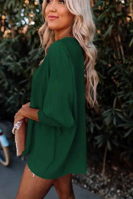 Green smocked wrist shift top - blouses & shirts