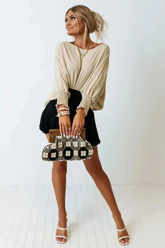 Green smocked wrist long sleeve shift loose top front view — Fashionfitz UK