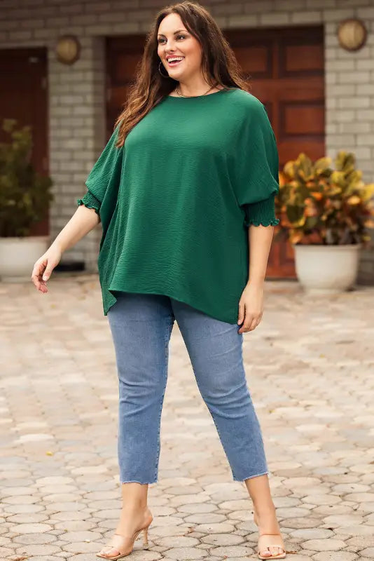 Green smocked wrist shift top - blouses & shirts