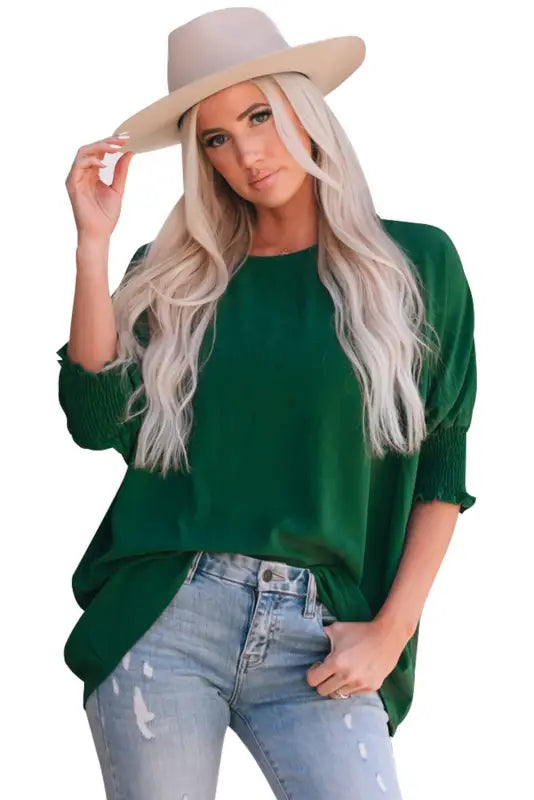 Green smocked wrist shift top - blouses & shirts