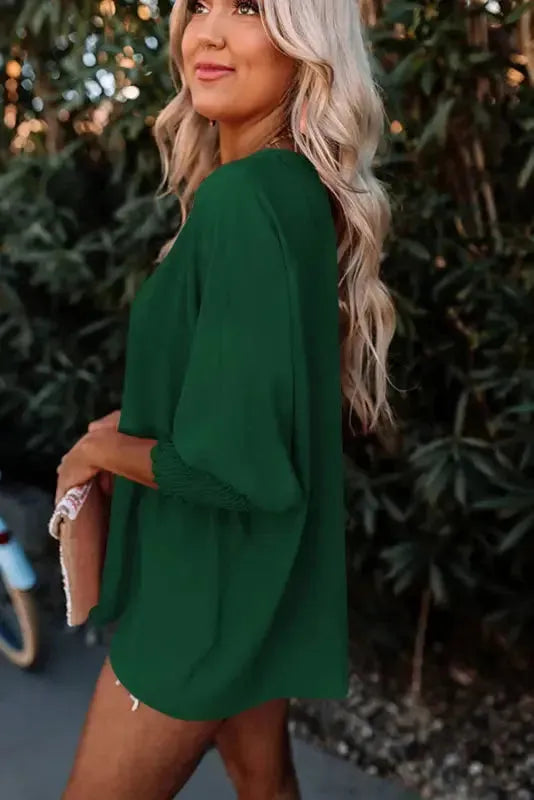 Green Smocked Wrist Shift Top - Fashionfitz