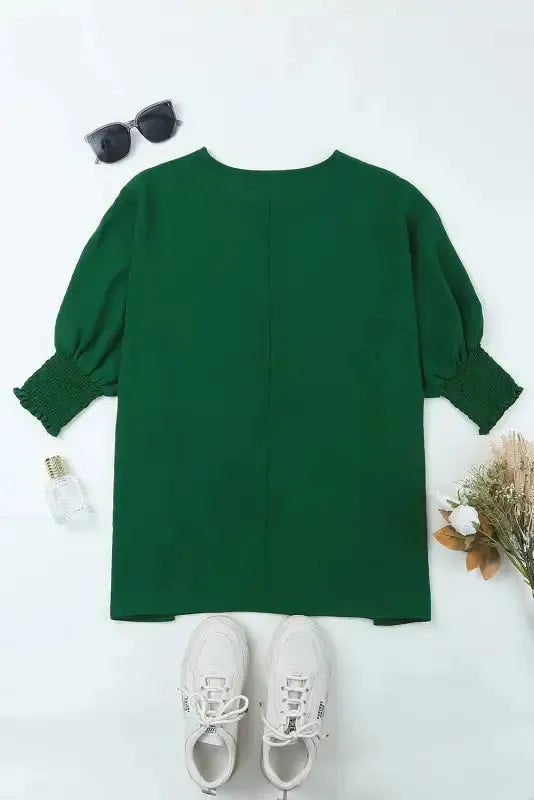 Green Smocked Wrist Shift Top - Fashionfitz