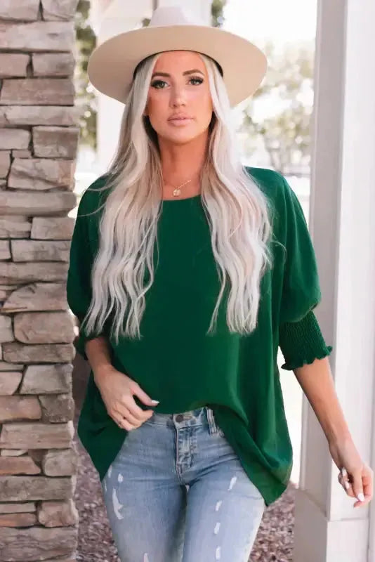 Green Smocked Wrist Shift Top - Fashionfitz