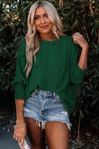 Green Smocked Wrist Shift Top - Fashionfitz