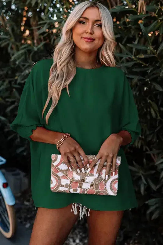 Green Smocked Wrist Shift Top - Fashionfitz