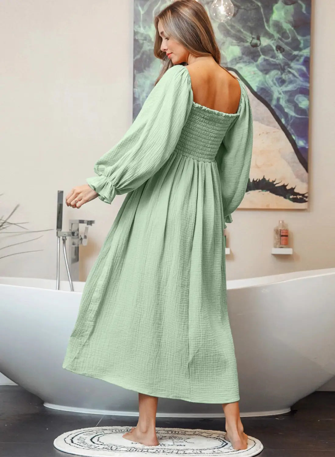 Green smoked flounce sleeve textured empire waist maxi dress - dresses