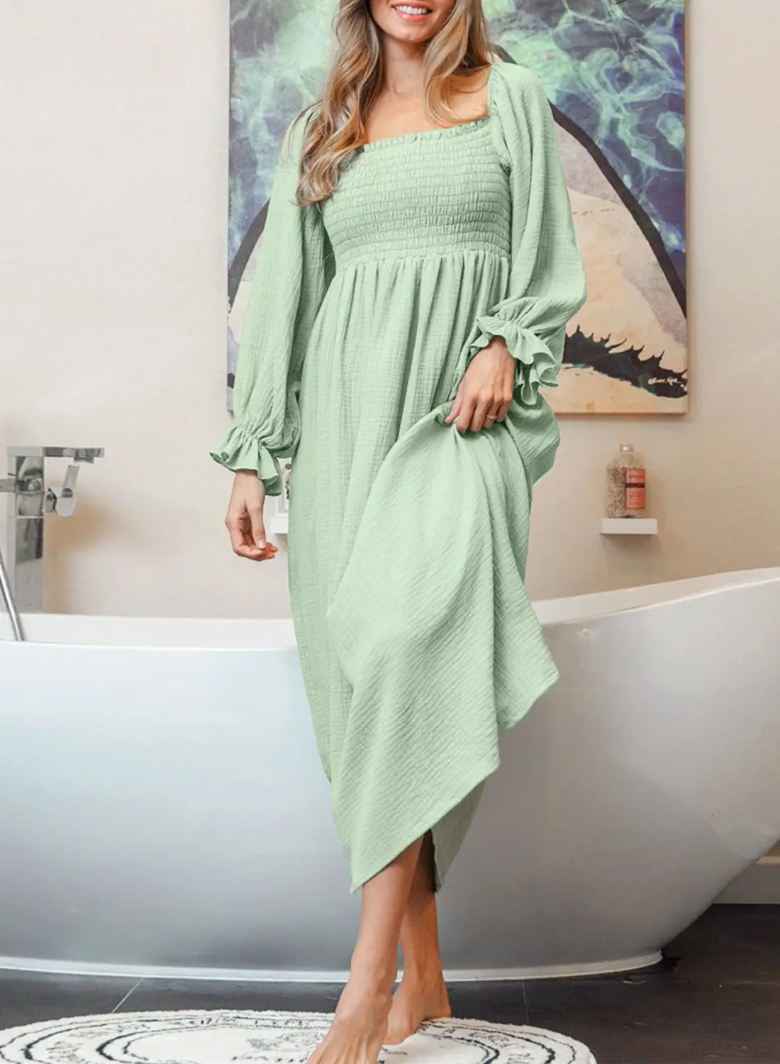 Green smoked flounce sleeve textured empire waist maxi dress - s / 100% cotton - dresses