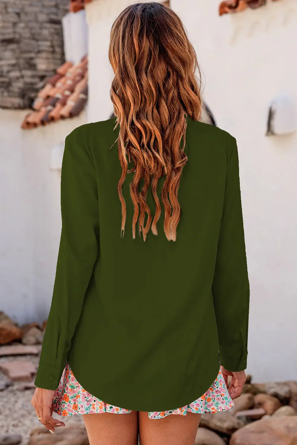 Green solid bow tie long sleeve blouse - blouses & shirts