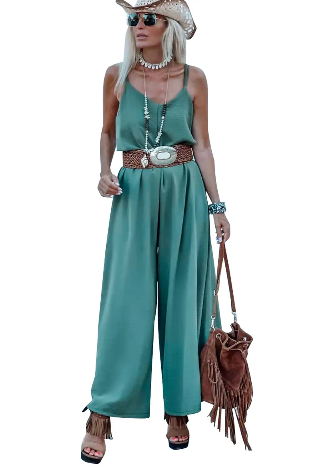 Green solid color spaghetti straps wide leg jumpsuit - jumpsuits & rompers