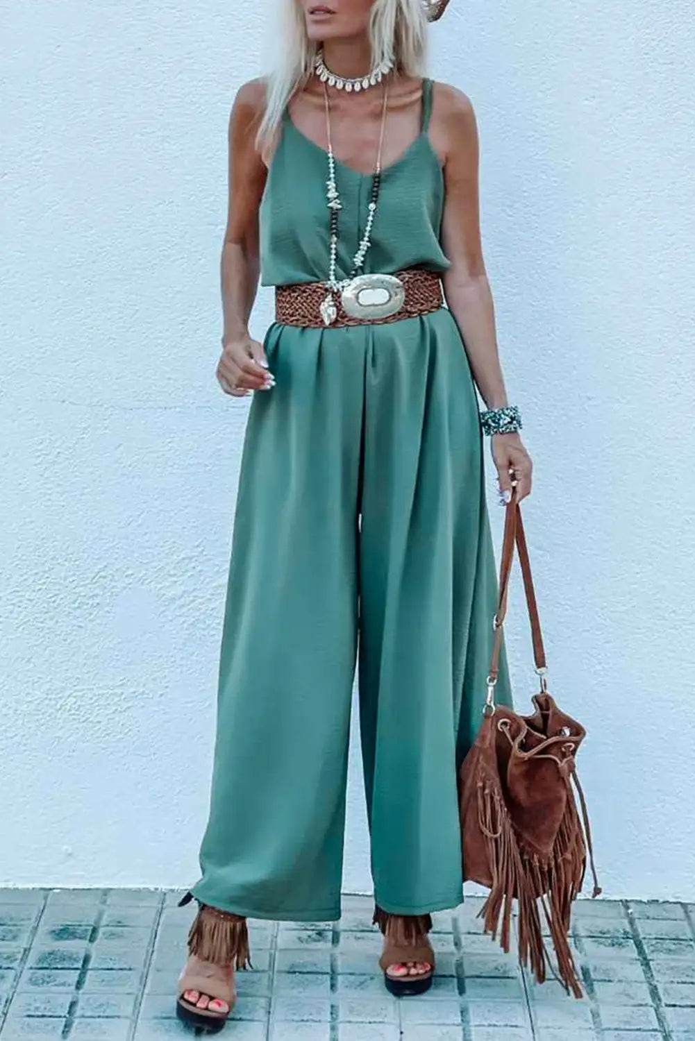 Green solid color spaghetti straps wide leg jumpsuit - s / 100% polyester - jumpsuits & rompers