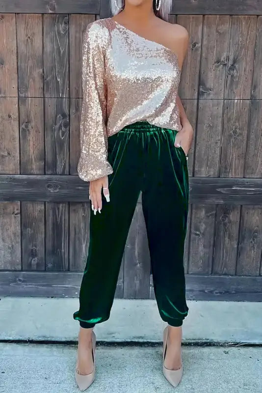 Green solid velvet jogger pants - joggers