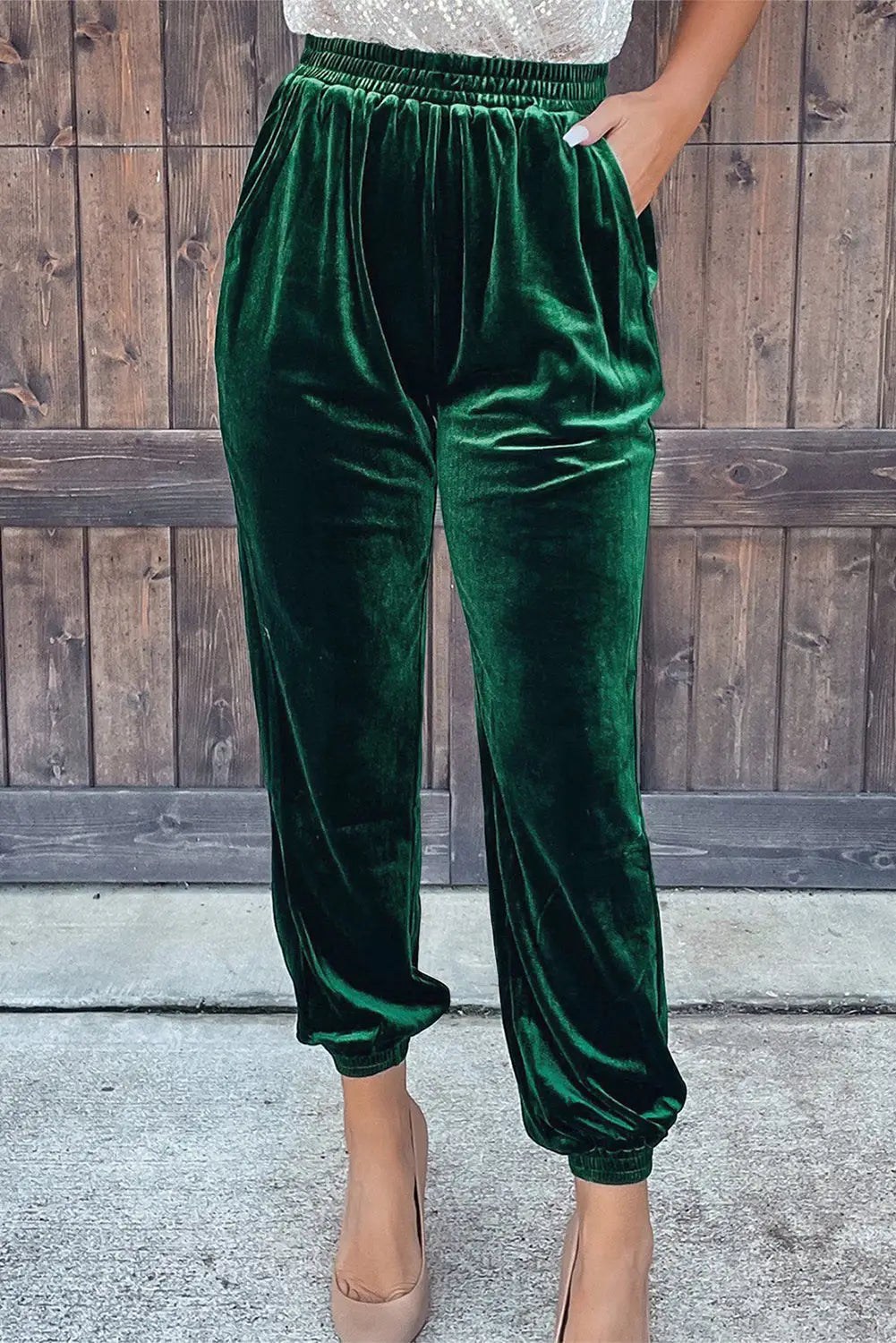 Green solid velvet jogger pants - s / 95% polyester + 5% elastane - joggers