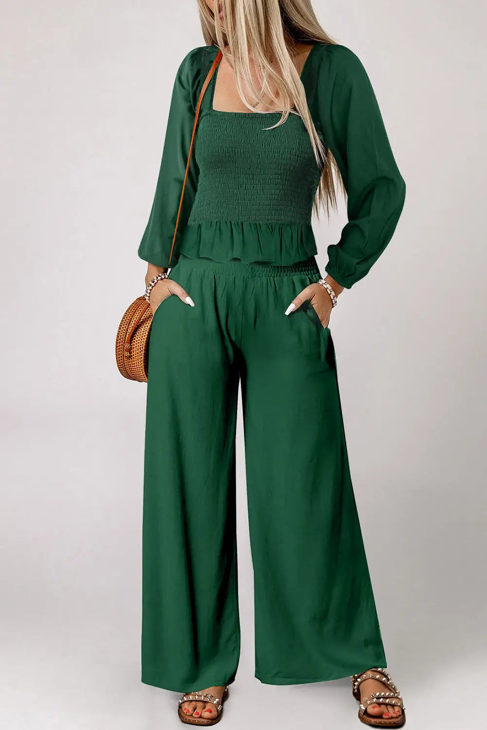 Green square neck smocked peplum top and pants set - l / 100% polyester - sets