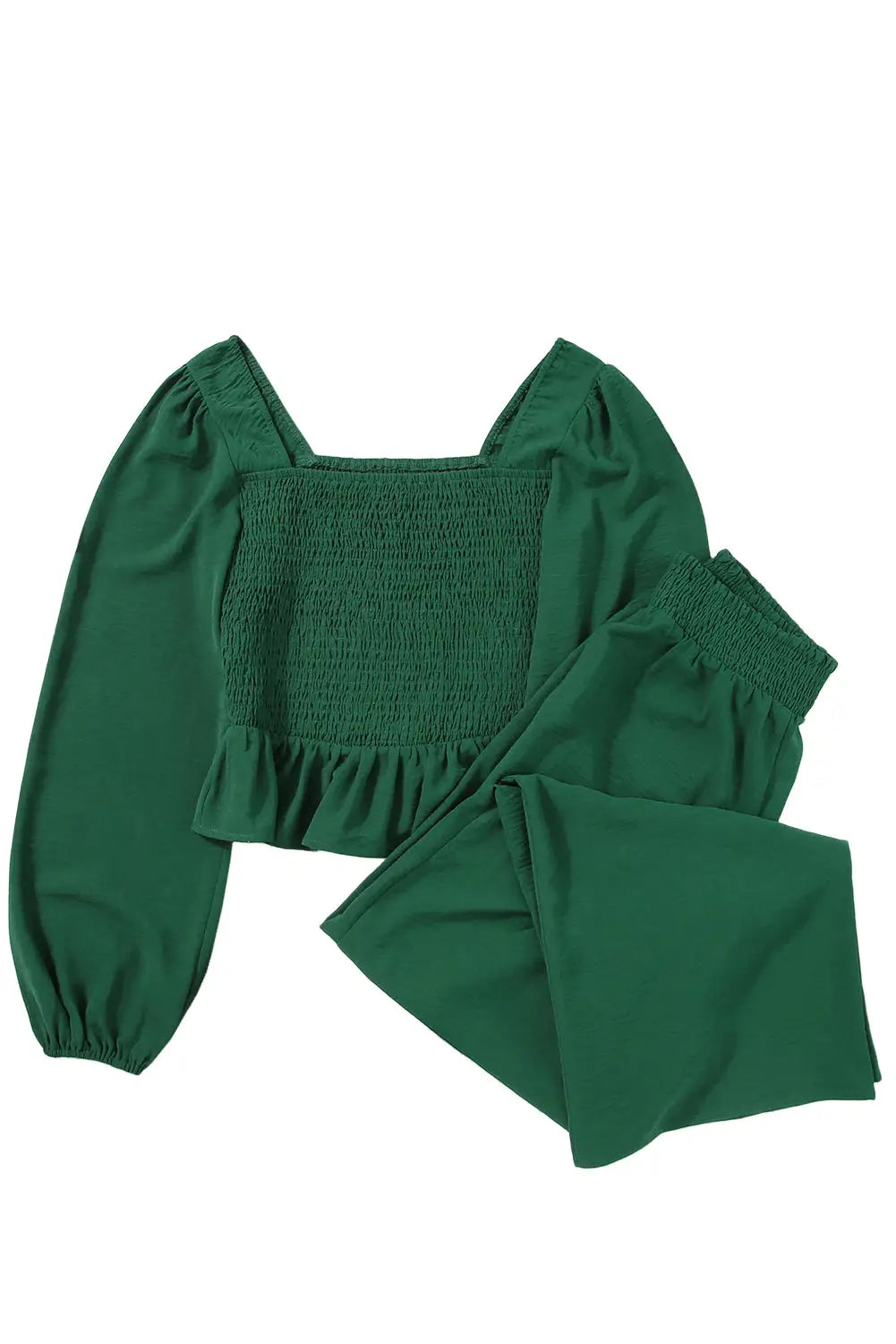 Green square neck smocked peplum top and pants set - sets