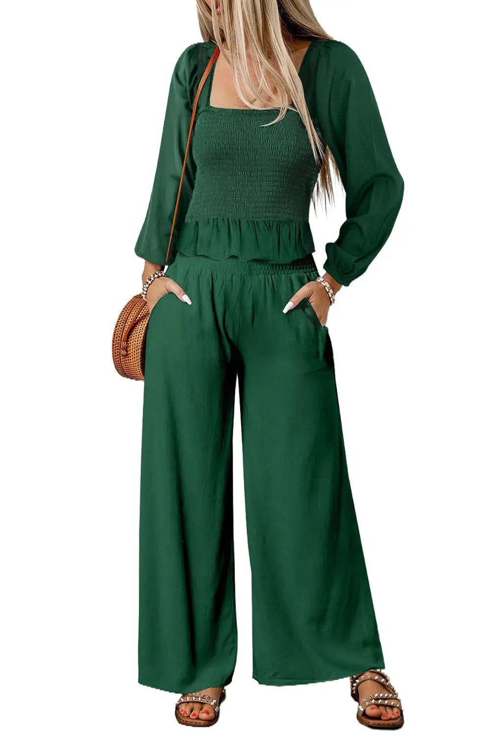 Green square neck smocked peplum top and pants set - sets