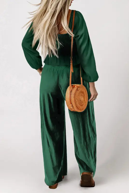 Green square neck smocked peplum top and pants set - sets