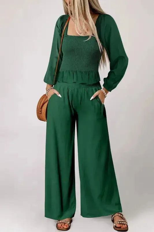 Green Square Neck Smocked Peplum Top and Pants Set - Fashionfitz