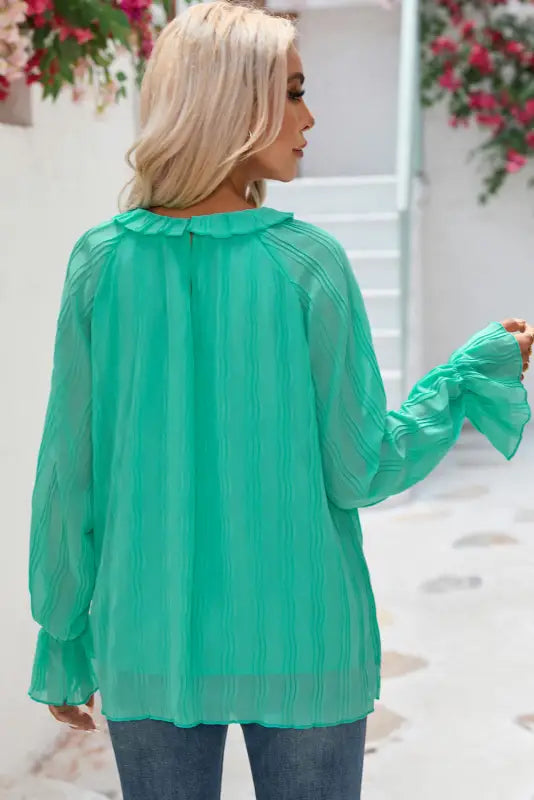 Green striking pleated flared cuff long sleeve blouse - tops