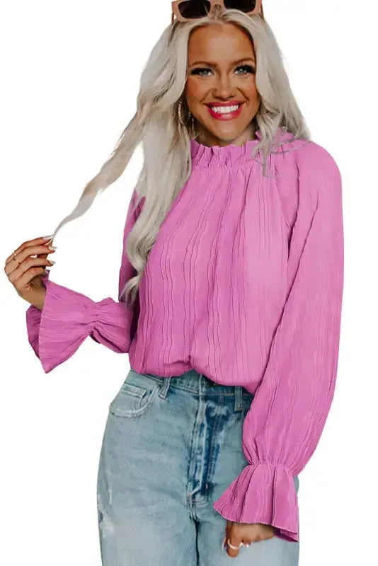 Green Striking Pleated Flared Cuff Long Sleeve Blouse - Fashionfitz