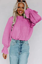 Green Striking Pleated Flared Cuff Long Sleeve Blouse - Fashionfitz